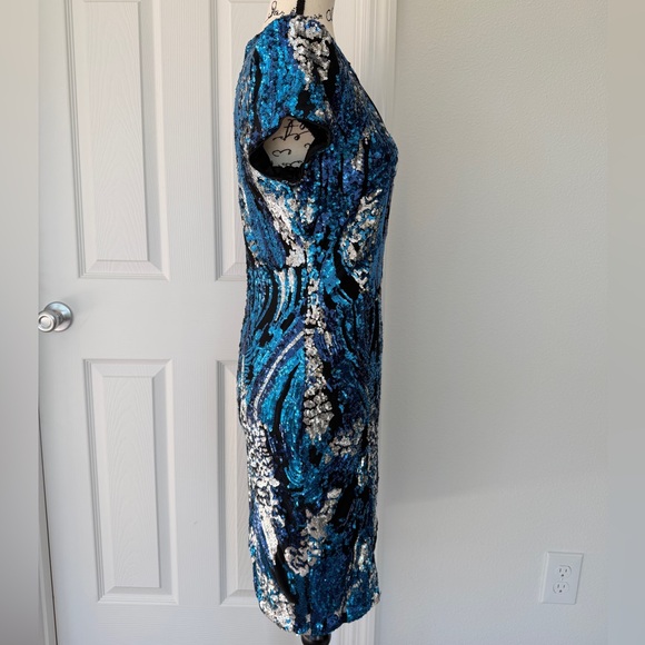 VTG CACHÉ Midi Dress Sequin Blue/Silver Zipped Closure Sz M Stunning Luxury - Picture 5 of 16